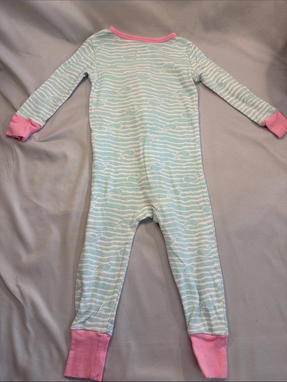 Kids Headquarters Aqua Stripe Whale Zip Pajamas with Pink Trim - Picture 3 of 3